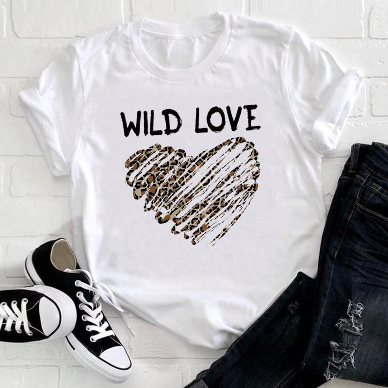 (European Size) Cute Sweet Tee Top Fashion T Leopard Love Heart Trend Shirt Women Print Lady Female  Clothing Casual Short Sleeve Graphic T-shirt