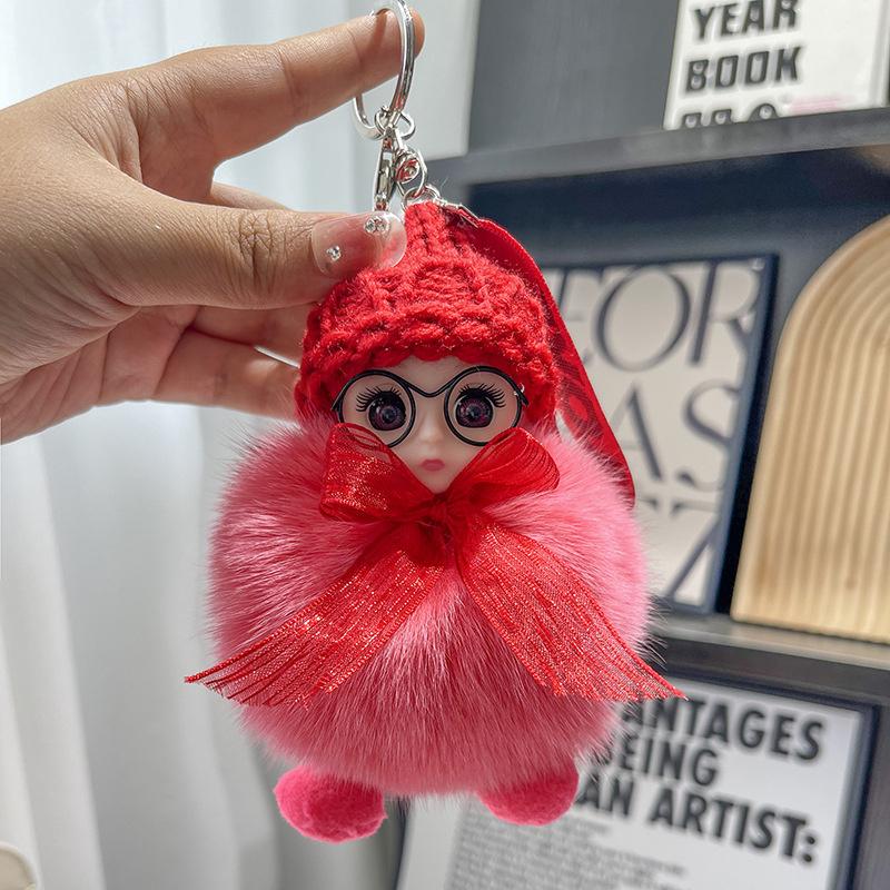 Pompom Sleeping Baby Keychain Cute Fluffy Plush Doll Keyholder Women Girl Bags Keyrings Cars Key Ring Gift Charming Decoration