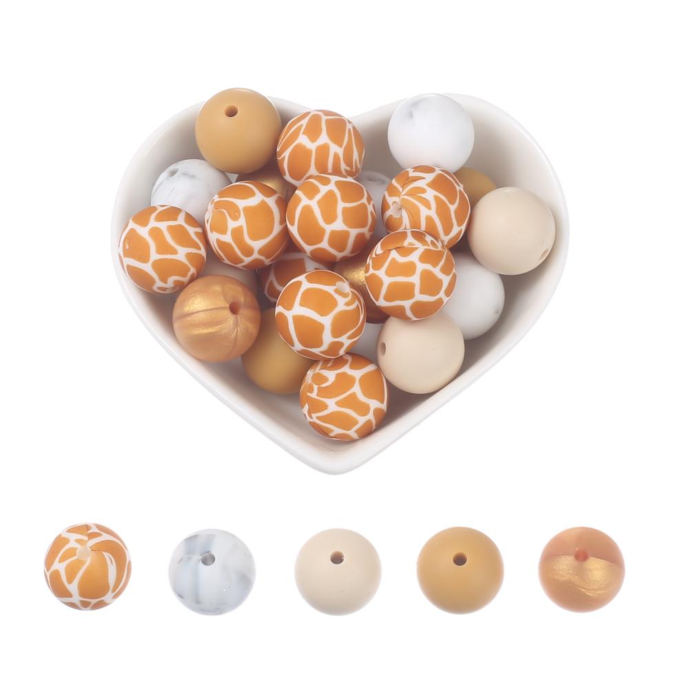 15mm 30Pcs Silicone Beads Round Print Food Grade Teething Beads for Baby Toy Soft Chew Teething DIY Pacifier Clips Necklace