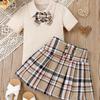 Sweet Girl's Spring/Summer Children's Lapel Bow Short-sleeved Top and Checkered Short Skirt Uniform Set