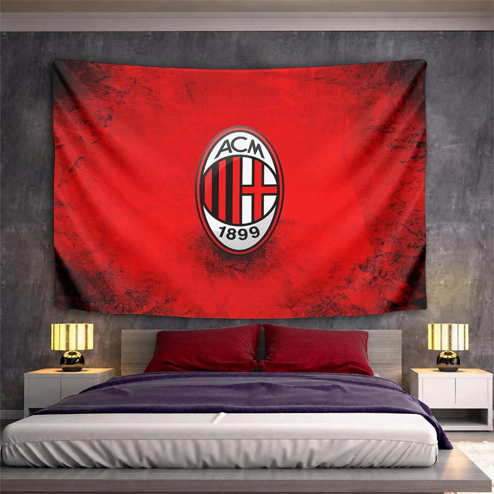 Bright red textured background with an oval logo featuring black and red. Patterned tapestry for bedroom and living room home decor
