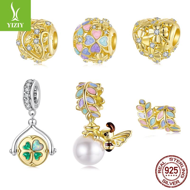 Golden Autumn Series Leaf Bee Diy Bracelet Beaded Romantic Clover S925 Sterling Silver Beads