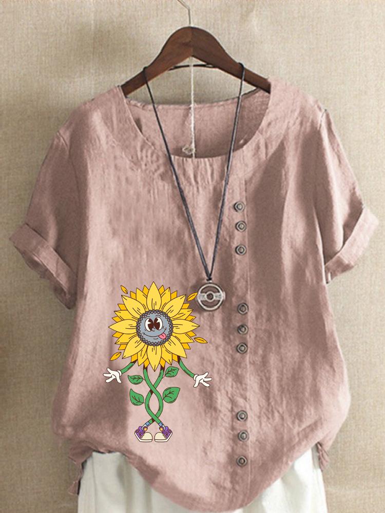 Women's Fashion Abstract Sunflower Print Casual Cotton Linen Short Sleeve Round Neck T-shirt Shirt Leisure Loose Summer Blouse Tops