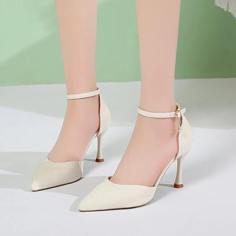 Fashion Ankle Strap Stiletto Heels Pumps for Women Sexy Super High Heel Party Shoes Woman Pointed Toe Pearl Elegant Zapato Mujer