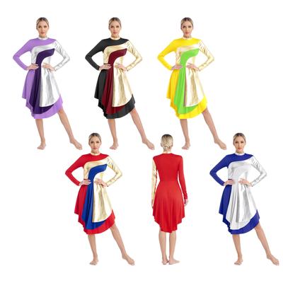 Women Color Block Liturgical Praise Dance Dress Church Worship Costume Lyrical Irregular Hem Dancewear