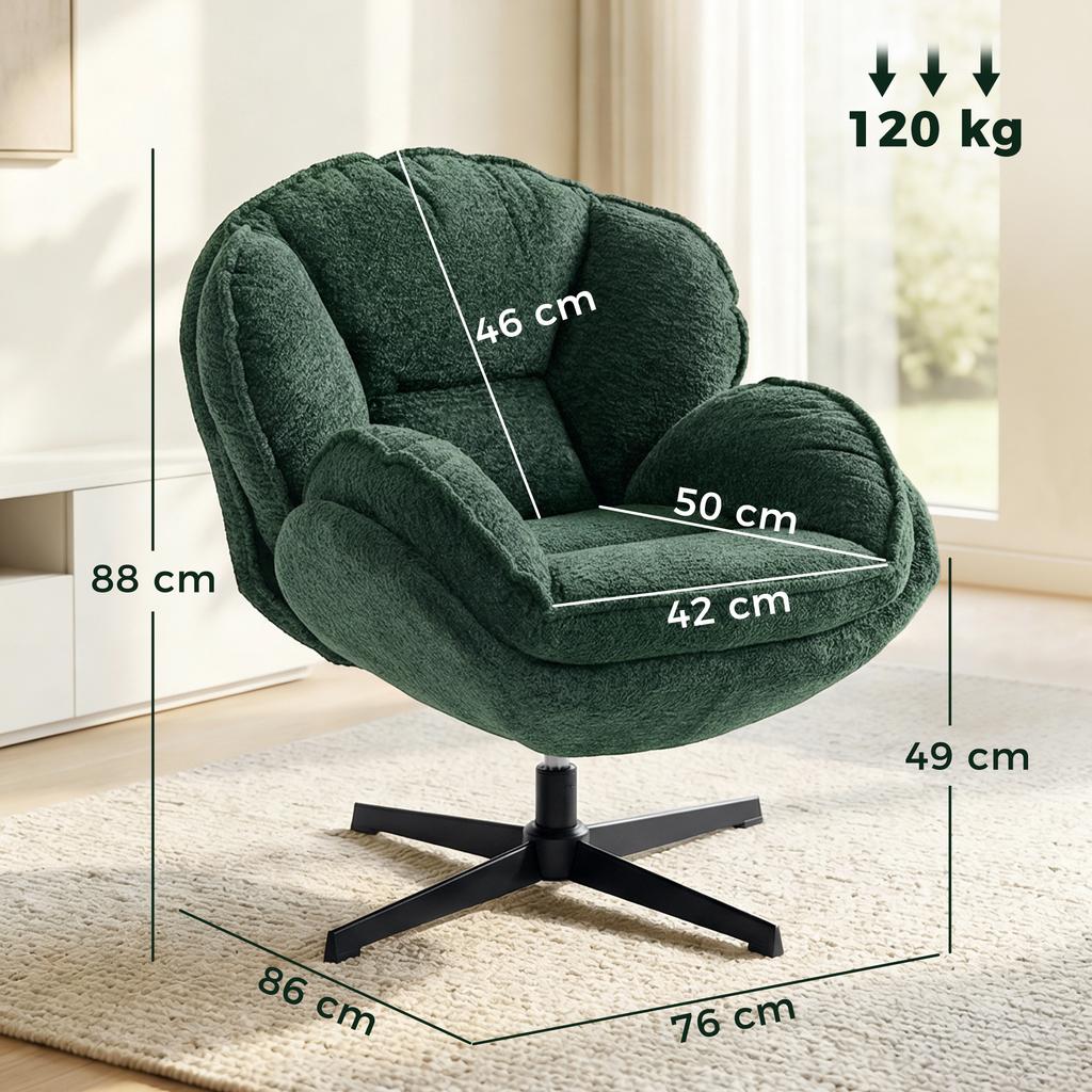 Modern Wingback Accent Chair, Velvet Armchair with Four-Star Base, S-Springs, Swivel, Dark Green