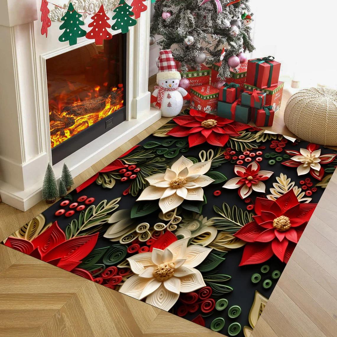 

Різдвяна Пуансетія Квітка Килими Килимок Нековзкий Праний Килим для Спальні Вітальні Килим Святковий Декор Килимок для Підлоги 40X60cm