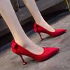 Red suede wedding shoes women's heel bow high heels fairy style with Xiuhe bridal shoes green shoes