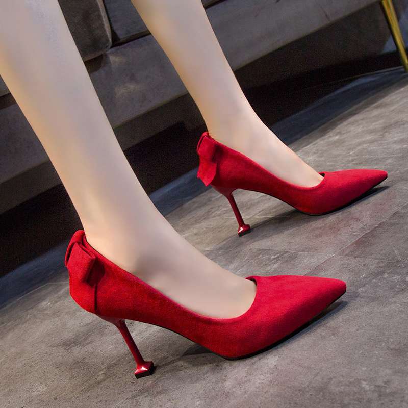 Red suede wedding shoes women's heel bow high heels fairy style with Xiuhe bridal shoes green shoes