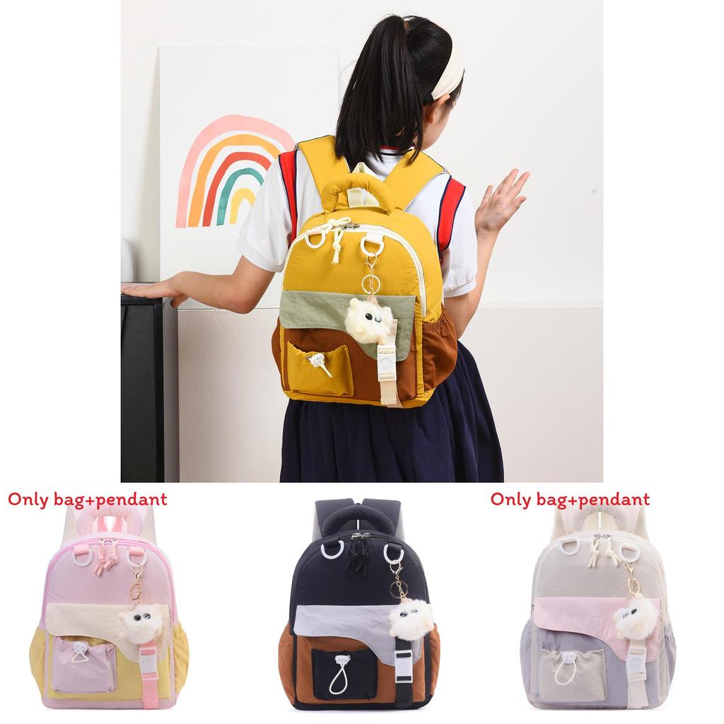 Childrens Color Blocked Backpack With Plush Pendant For Young Learners