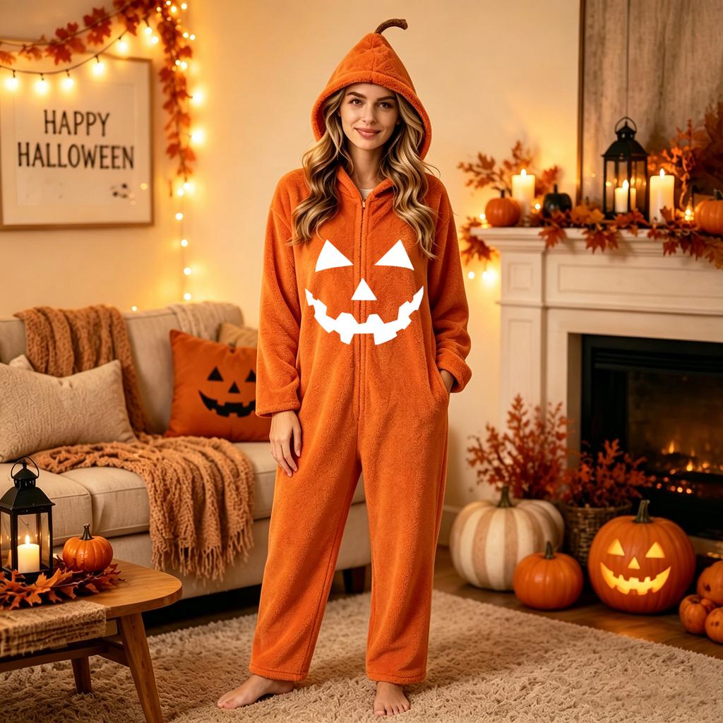 Damen Halloween Print Flanell Strampler Loungewear Set für gemütliches Entspannen