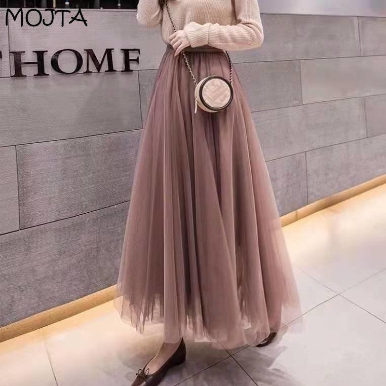 MOJTA Mesh Half Length Skirt Women High Waist Pleated Skirt