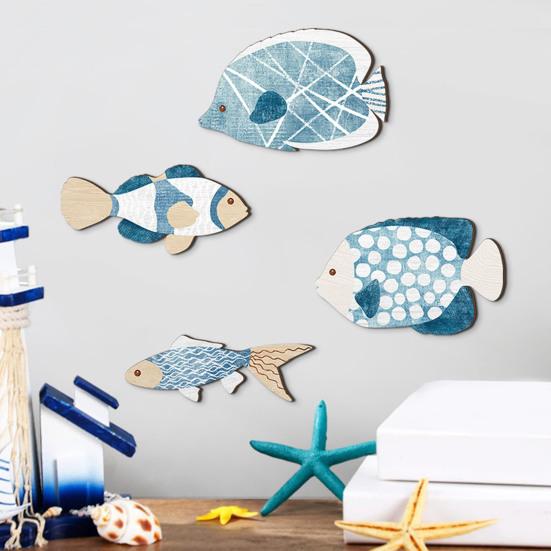 Wood Fish Wall Decor Rustic Coastal Beach Blue Fish Wall Art Nautical Wall Hanging Sculpture for Lake House Bathroom Bedroom Decor
