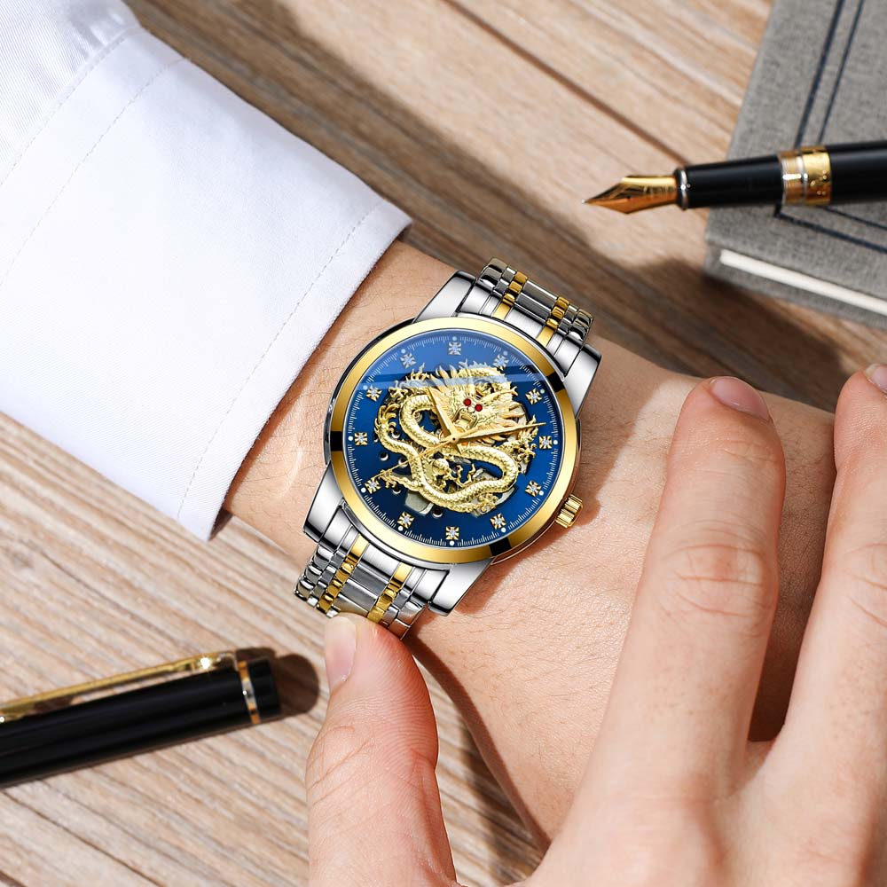CHENXI Fully Automatic Mechanical Watch Embossed Golden Dragon Skeleton Design Waterproof Chinese Dragon Fashion Men's Watch