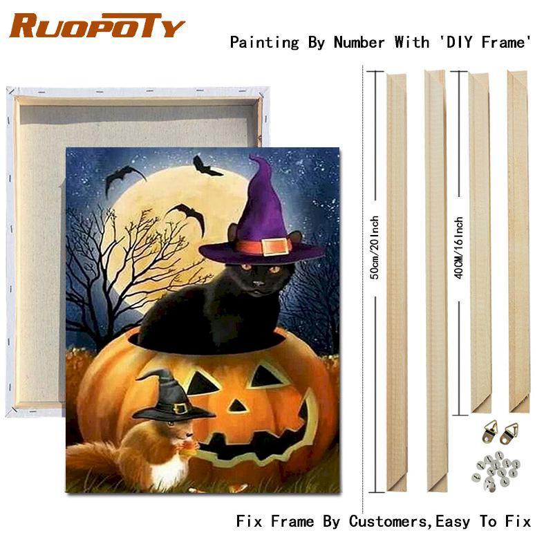 RUOPOTY Painting By Number Cat Animals DIY Frame Acrylic Handpainted Drawing On Canvas Autumn Pumpkin Gift Home Decoration