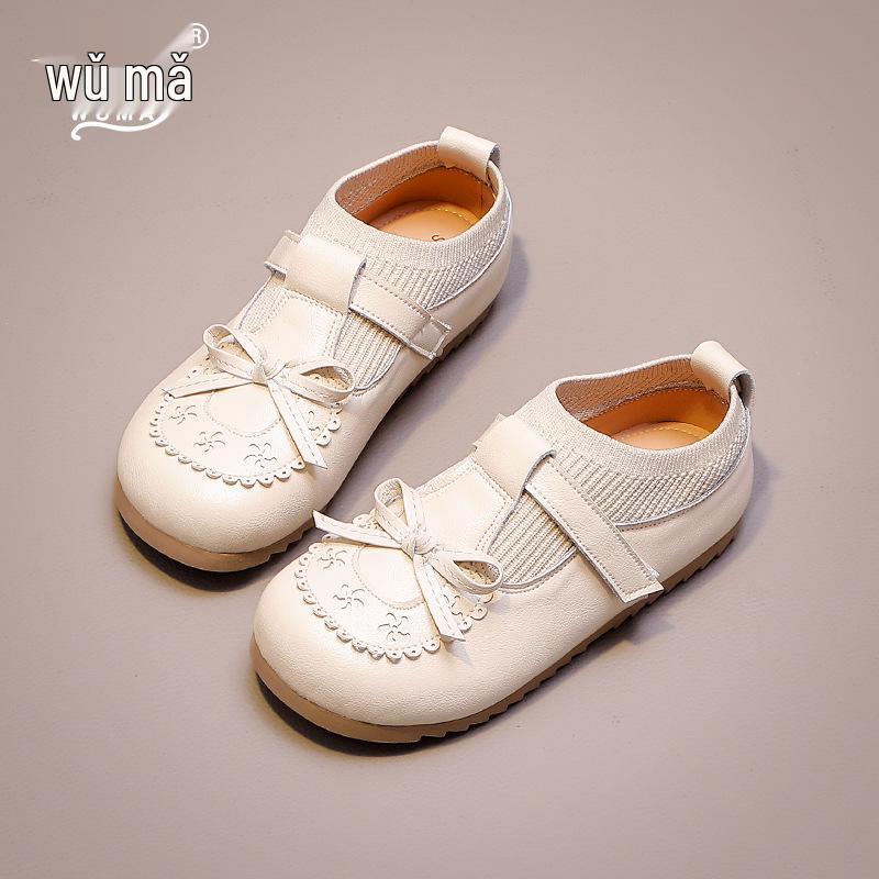 Wuma 2025 Girls' Princess Bow Shoes - New Spring/Fall Soft Sole Leather Flats