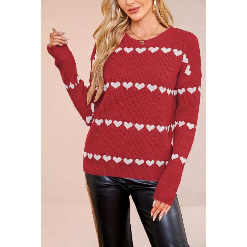 

Women s White&Black Heart Pattern Knit Sweater Round Neck Loose Casual Long Sleeve Top S червоний