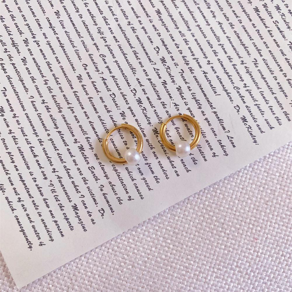 Elegant White Pearl Titanium Steel Hoop Earrings with Minimalist Korean Design