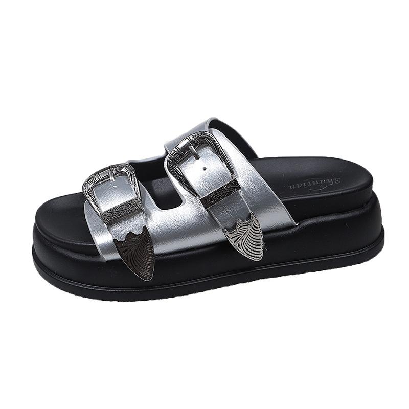 2025 summer slippers women's fashion and leisure flat-bottomed beach one-word sandals buckle platform slippers women's shoes