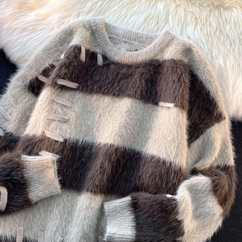 Pulovr Stripe Design Sense Svetr s kulatým výstřihem Ženy Korejská menšina Měkký lepkavý Líný pletený top svetr s dlouhým rukávem Žena