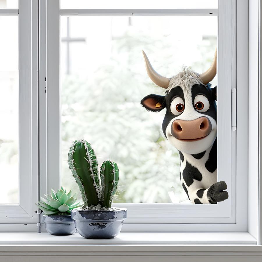 Double Sided Same Color 3D Cartoon Cow Peeking Out Static Cling Window Sticker Home Decor