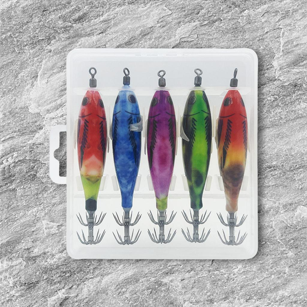 5Pcs 8cm Luminous Squid Jig Hook Fishing Lure Wood Shrimp Cuttlefish Hard Bait Artificial Fake Octopus Lures for Night Fishing