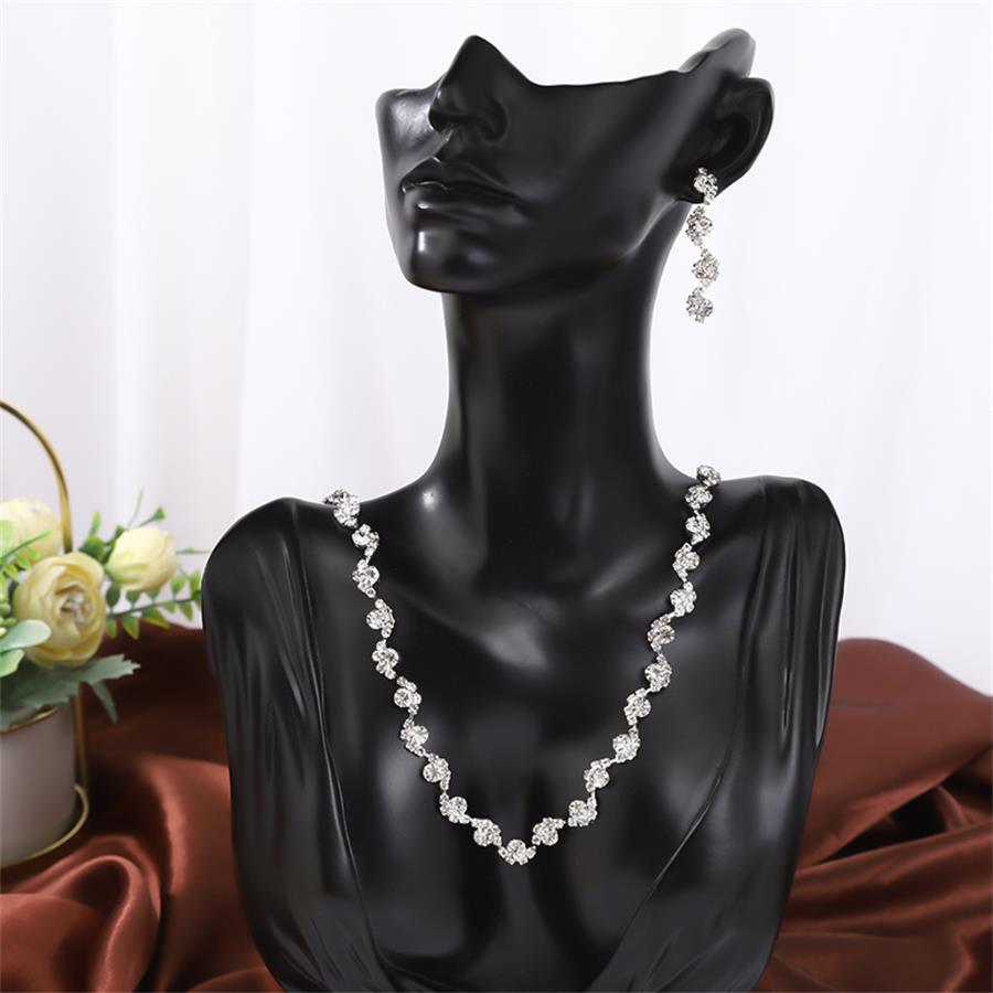 European & American Wave Diamond Rhinestone Necklace & Earring Set - Elegant Women s Banquet Jewelry белый серебристый