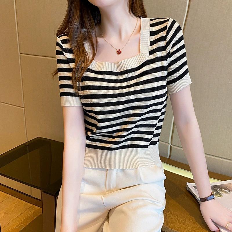 Black and White Ice Silk Striped Knitted Shirt Short Sleeved T-shirt for Women's Summer Front Shoulder Thin Square Neck Short Top
