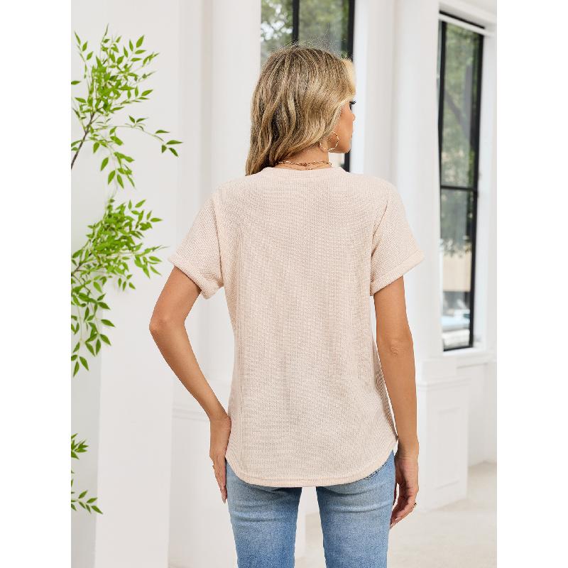 2026 Summer New Loose Women's V-Neck Waffle Pocket Short Sleeve Casual T-Shirt