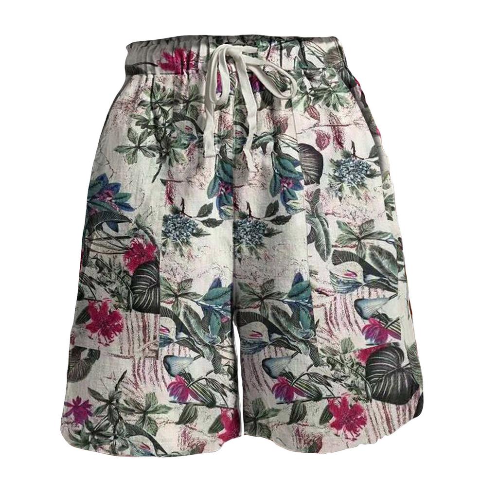Damen Casual Shorts mit elastischer Taille und Kordelzug, Print, Taschen, Sommer-Shorts aus Leinen