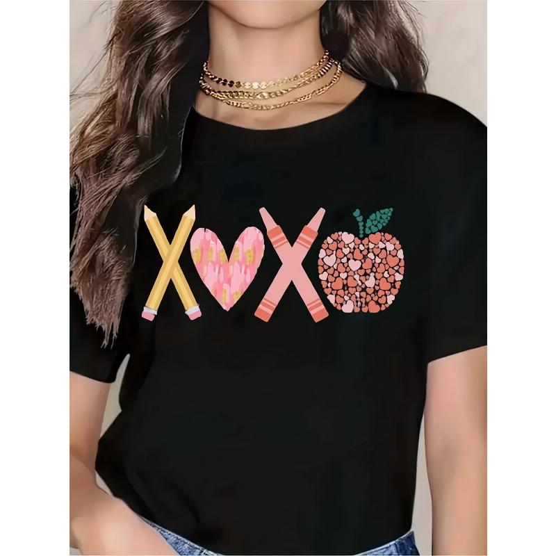 

Women s Retro XOXO Teacher T-Shirt - Valentine s Day Party Outfit, Funny Teacher Apparel Gift with Pencil & Book XOXO Print, S чёрный