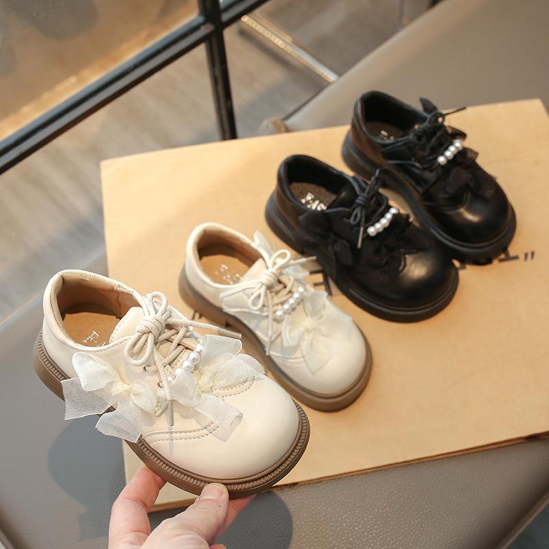 Girls Leather Shoes Round Toes Soft Sole Kids Princess Shoes Mesh Lace Bow 2025 New Girls Flats Black Matte Dance Performance