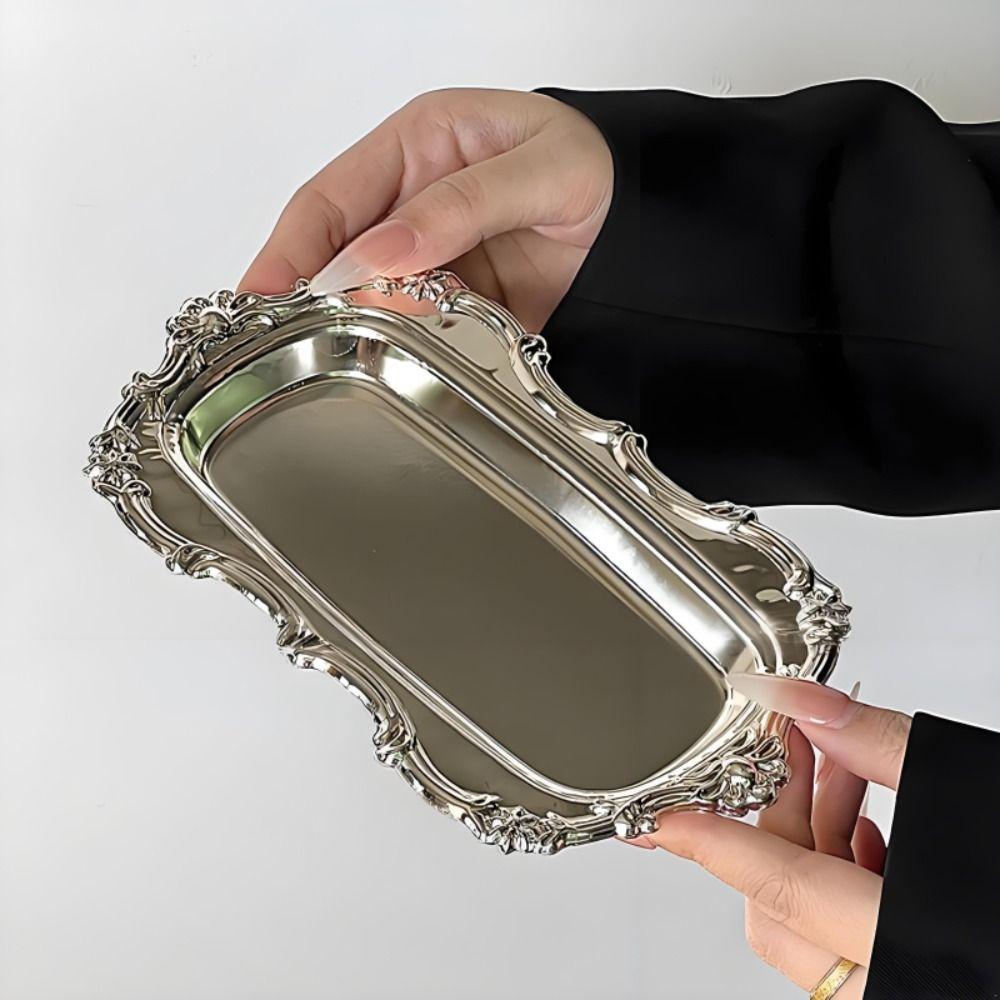 Embossed Dessert Plate Stainless Steel Jewelry Storage Plate Vintage Cake Tray  Home Decoration