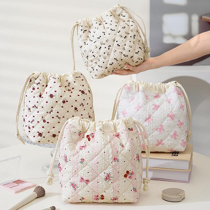 Cotton Quilted Drawstring Makeup Bag, Travel Toiletry Organizer, Cute Drawstring Gift Bag For Women & Girls