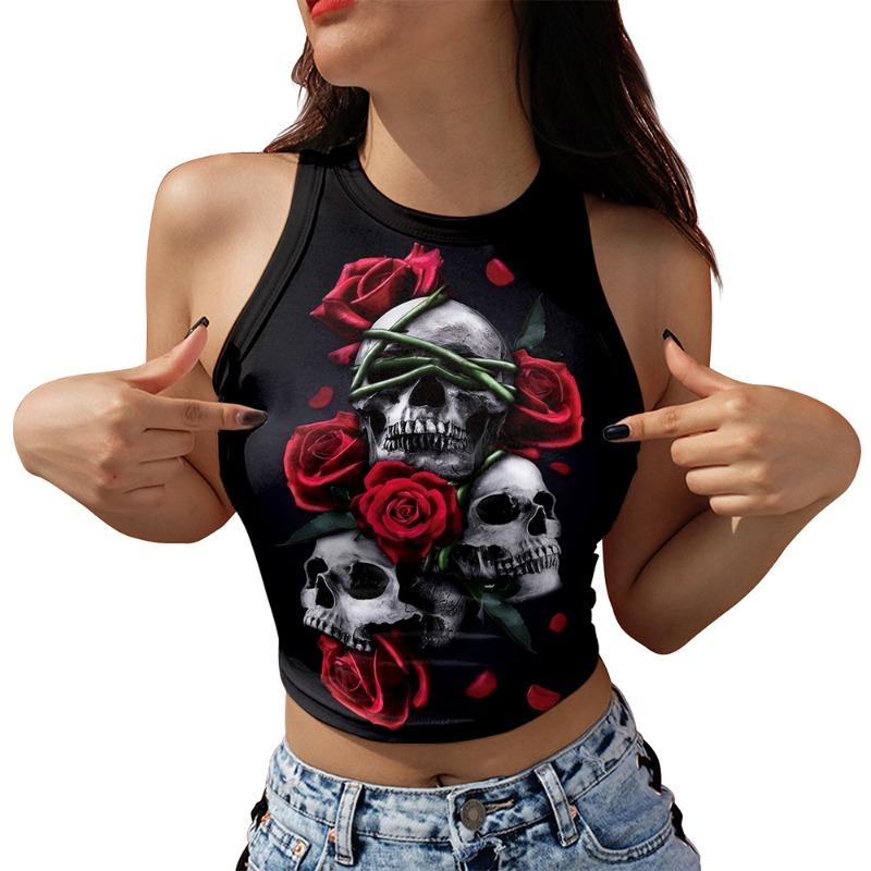 Halloween women's top new skull digital printing sleeveless off-the-shoulder short vest women's clothing