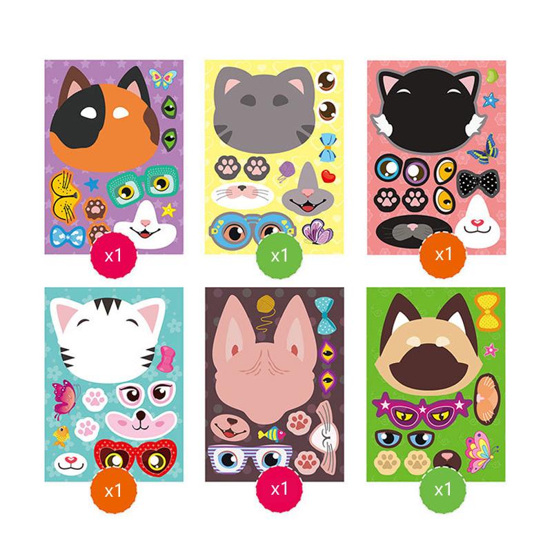 6 Sheetsset Children Creative Diy Stickers Funny Make A Cat Face Makeup Game Assemble Craft Sticker Kids Gift