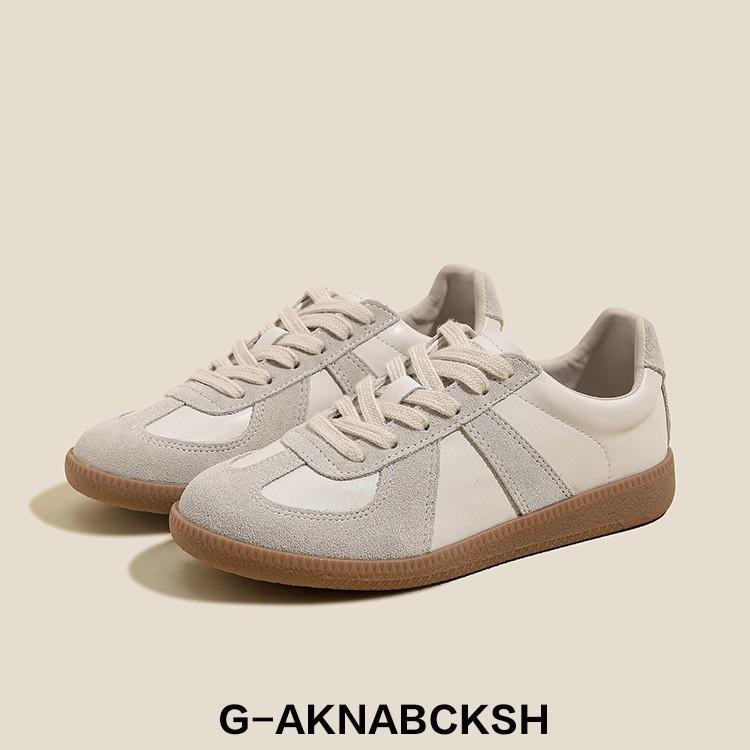 Leather Version~ Color Matching Round Head German Training Shoes Female Student Board Shoes Casual Sports Versatile Lace-Up Soft Sole Niche Flat