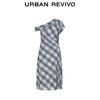 UR Women's Asymmetric Neck Pleated Plaid Sleeveless Dress
