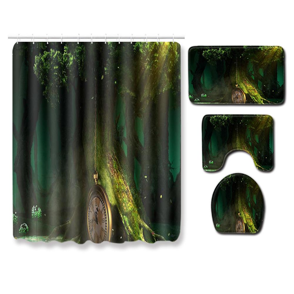 Healing Tree Hole Bathroom Shower Curtain Floor Mat Toilet Cover Foot Mat Four-Piece Pattern Size