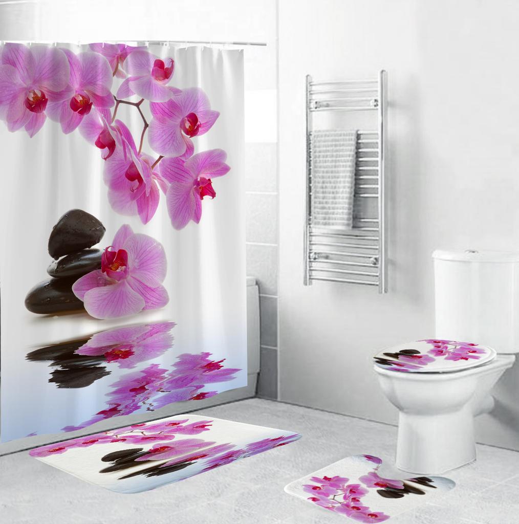 Beautiful Rose Fabric Shower Curtain Red Flowers Bathroom Curtains Pedestal Rug Toilet Lid Cover Non-Slip Carpet Bath Mats Rugs