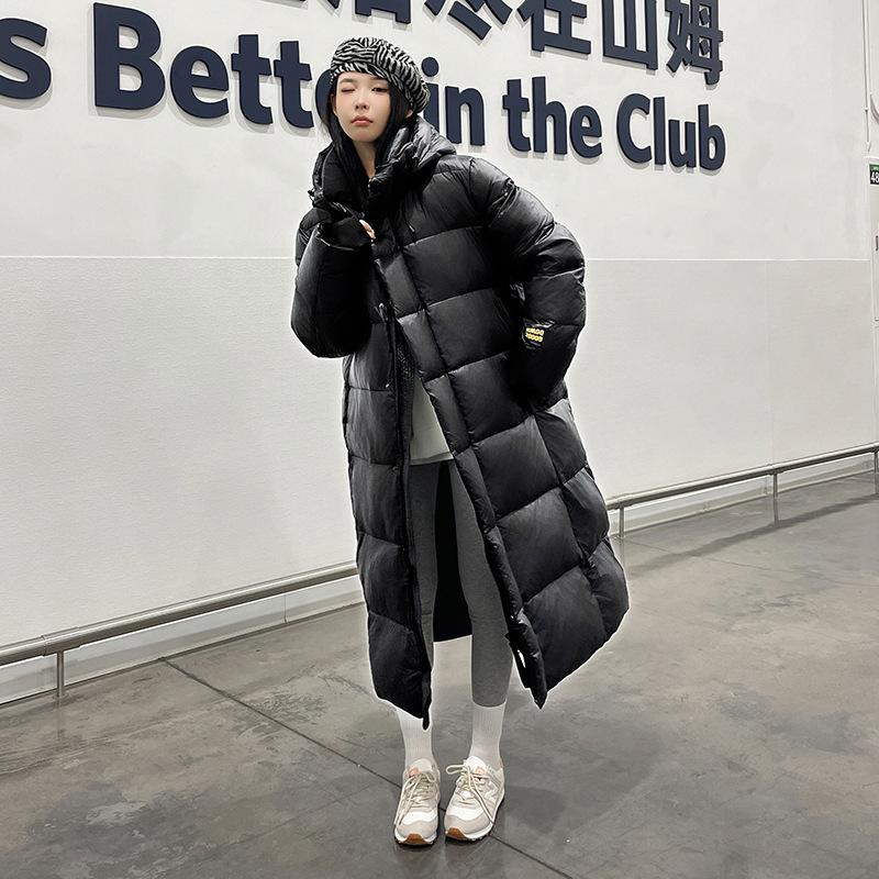 Black and Gold Long Over-the-knee Eight-lattice Down Jacket for Men and Women with Hood and Velvet Thickened White Goose Down Jacket