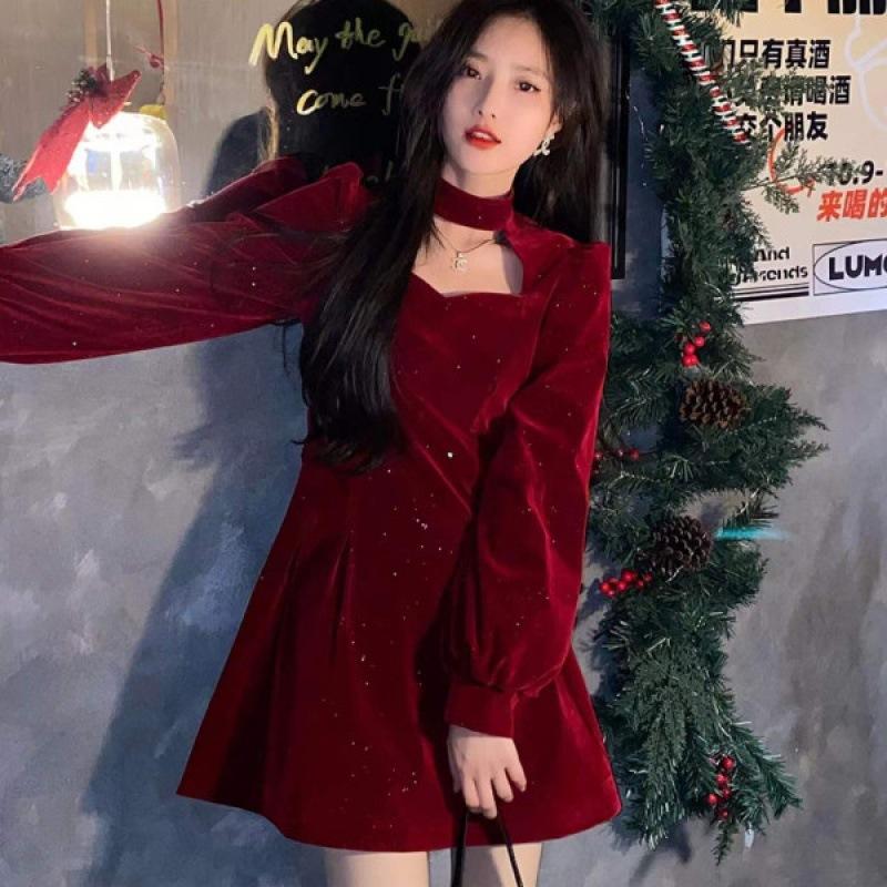 Fine Flash Velvet Dress for Women's Autumn and Winter New Temperament Elegant Red Waist and Thin A-shaped Skirt
