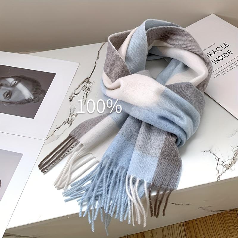 

100% Pure Wool Scarf - Soft Grey Plaid, Elegant Winter Neck Warmer. Luxury Gift for Cold Weather. Hand Wash. синій