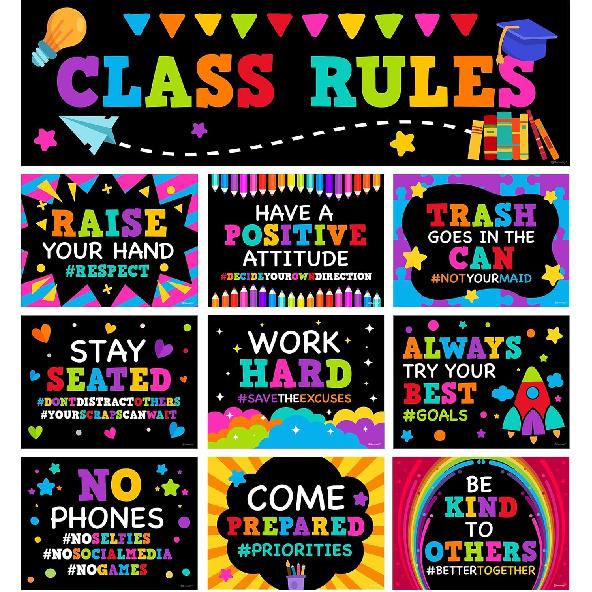 Decorably 10 Colorful Classroom Rules Poster High School, pirational, Matte-Laminated Decor - for Hallways, Bulletin Boards, Library