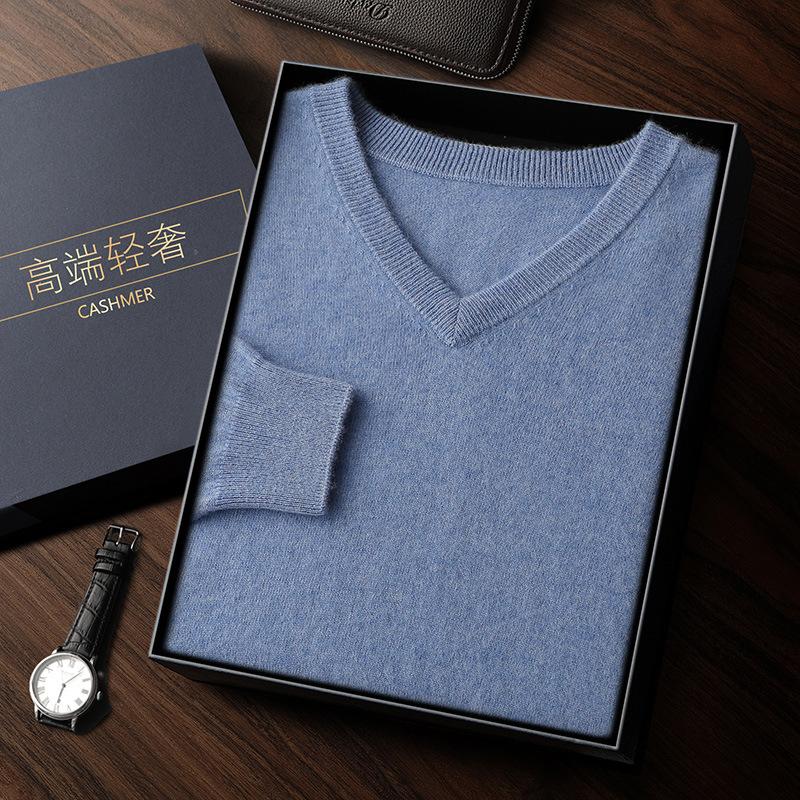New solid color V-neck cashmere sweater men's long-sleeved pullover loose sweater with wool sweater inside