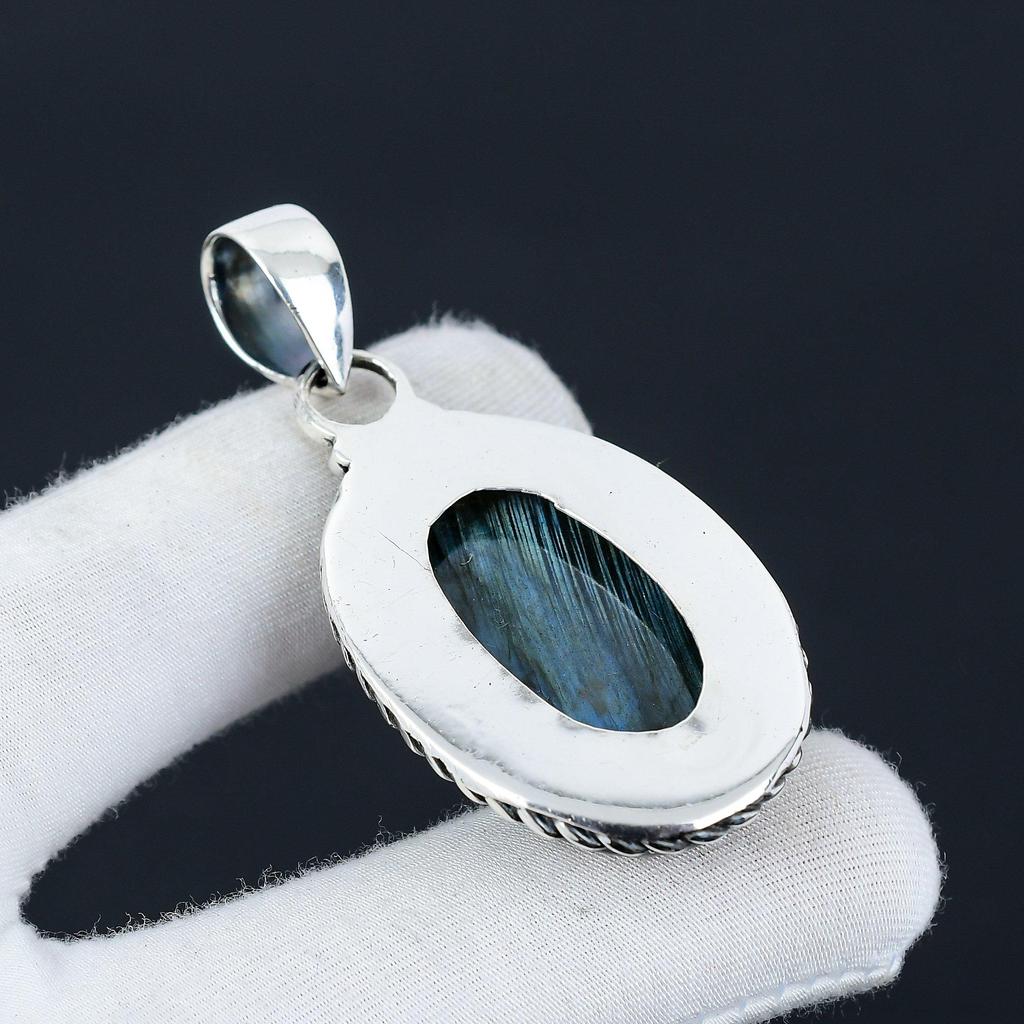 Blå Flammig Labradorit Ädelsten Handgjord 925 Sterlingsilver Smycke Hänge, Naturlig Labradorit, Julklapp till Hennes Smycken för Speciella Tillfällen