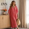 Breathable Beach Dress Women V-Neck Striped Dress, Summer Half Sleeve Casual Ankle Daily Length Loose Swing for Vacation Wear Soft