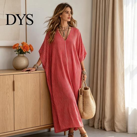 Breathable Beach Dress Women V-Neck Striped Dress, Summer Half Sleeve Casual Ankle Daily Length Loose Swing for Vacation Wear Soft