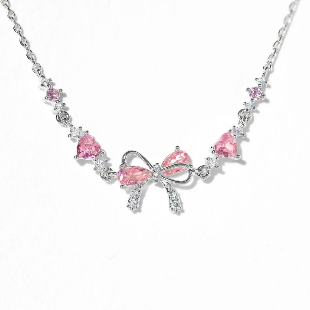 Y2K Exquisite Sweet Pink Zircon Bowknot Stainless Steel Love Heart Chain Bracelet for Women Girls Party Birthday  Gifts