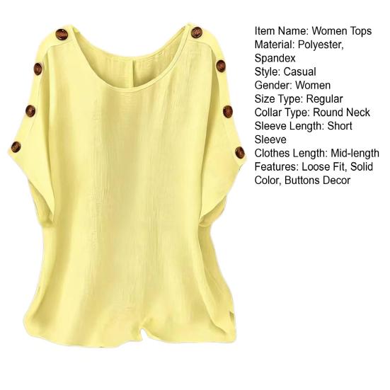 Women Tops Round Neck Batwing Short Sleeve Buttons Decor Tee Shirt Loose Fit Pure Color Summer Casual Blouse
